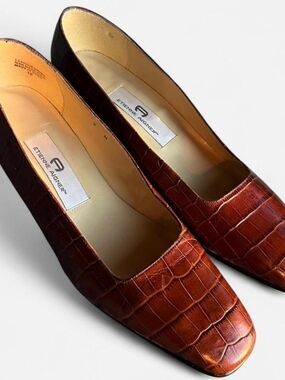 Etienne Aigner Cognac Brown Croc-Embossed Leather Block Heels